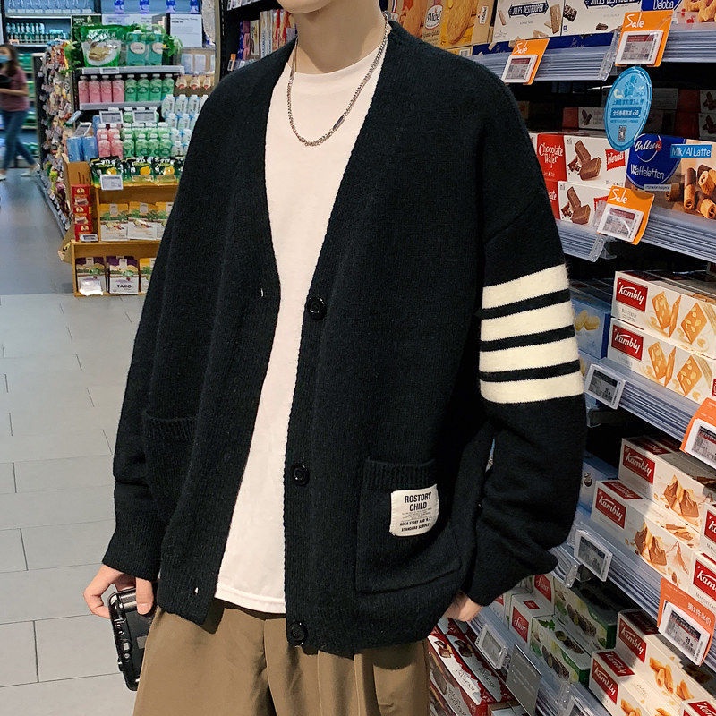 Áo Khoác Cardigan Len Dày Dáng Rộng Phong Cách Preppy Hàn Quốc Dễ Phối Đồ Thời Trang Thu Đông Cho Nam