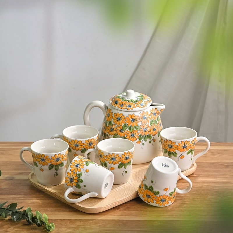 Bộ ấm chén trà - Bộ bình uống nước họa tiết vẽ tay Gốm Sứ Bát Tràng cao cấp