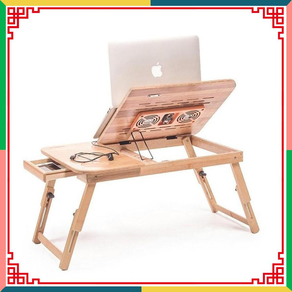 Bàn kê máy tính chất liệu trúc sào có quạt tản nhiệt ngăn để ly nước [Giá đẳng cấp]