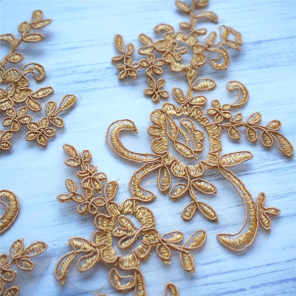 Set 2 Miếng Vải Ren Thêu Hoa Màu Vàng Dùng May Cổ Áo Cưới diy