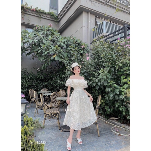 G1- đầm midi ren trắng bẹt vai bèo Gv145, chất ren có mút, freesize