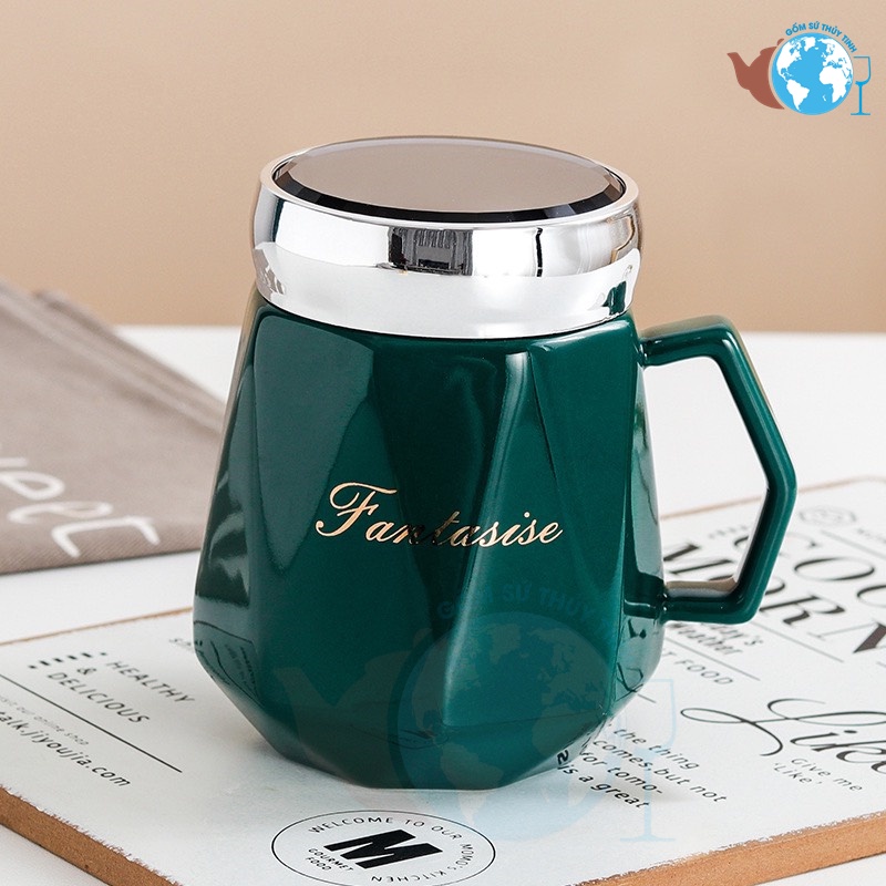 Ly sứ nắp tráng gương thân ly họa tiết kim cương 460ml có tay cầm cao cấp