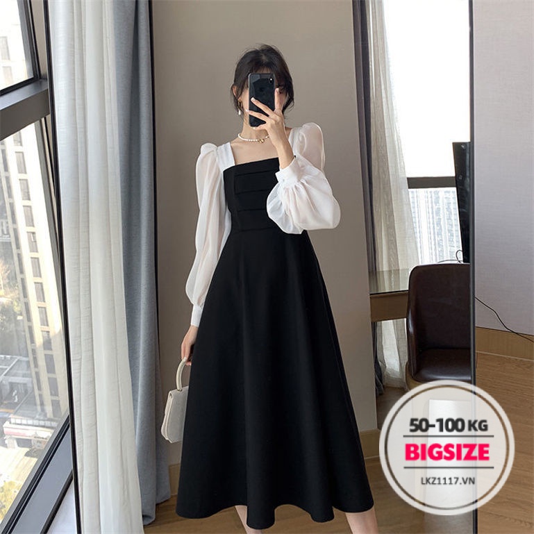 Đầm dáng dài Bigsize Váy nữ tay ngắn cổ vuông mùa hè Phong cách Hàn Quốc Thời Trang tiểu thư cá tính xinh đẹp cho người mập béo