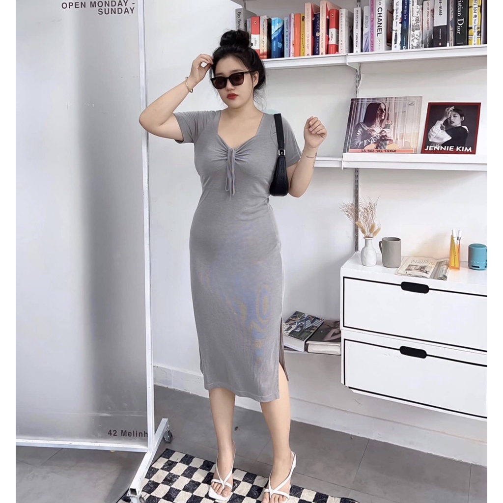 Bigsize: Đầm body thun dây rút 3 màu xanh bơ- xám -vàng