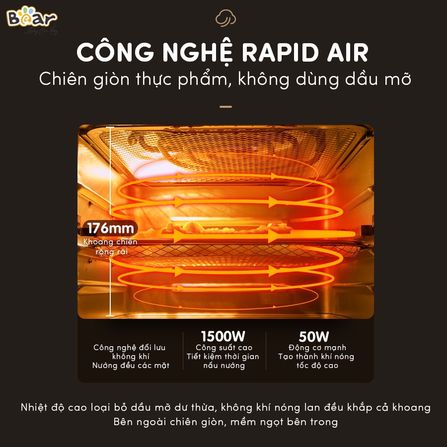 Nồi Chiên Không Dầu 10 Lít, Lò Nướng Đối Lưu Bear Qzg-a15v1 - Hàng Chính Hãng Bảo Hành 12 Tháng