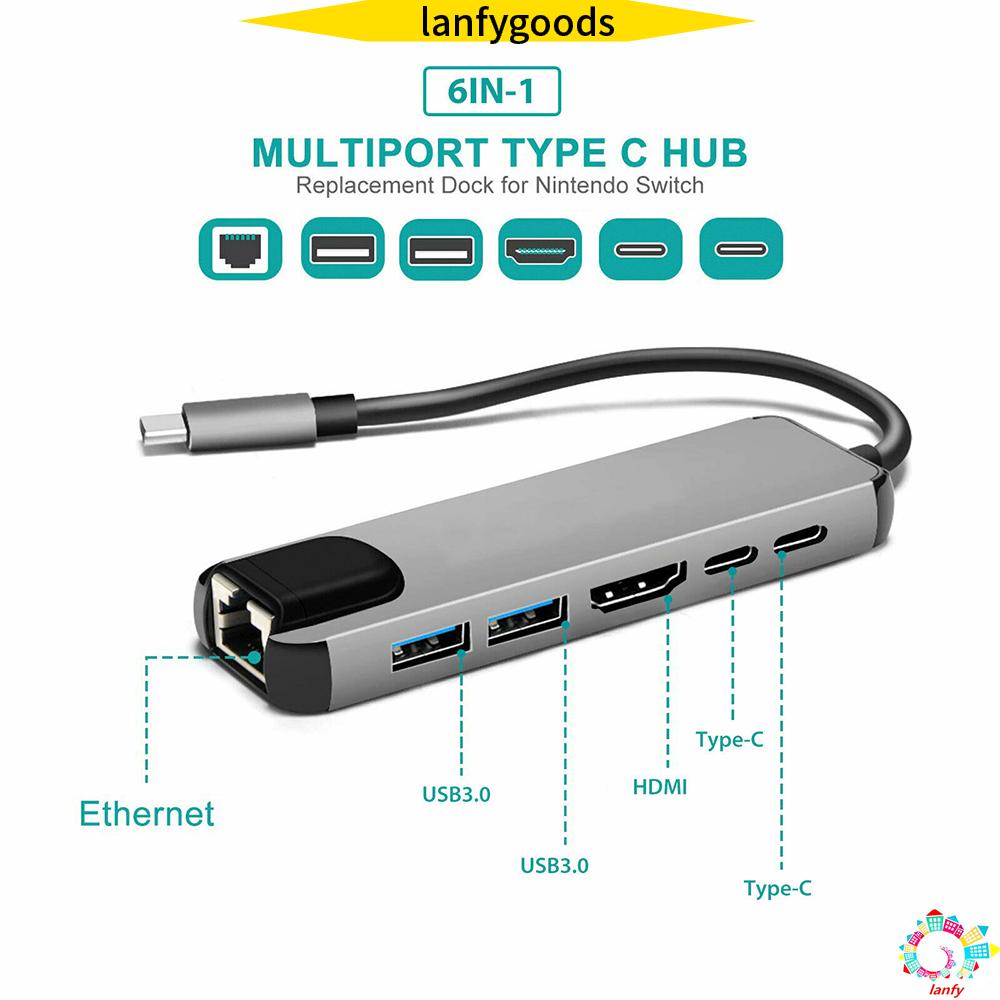 💮LANFY💮 6 in 1 High Speed 4K HDMI Data Transfer USB-C Expander USB 3.1 Type-C Hub PD Charging Multi-port Adapter Aluminum Alloy Docking Station RJ45 Gigabit Ethernet