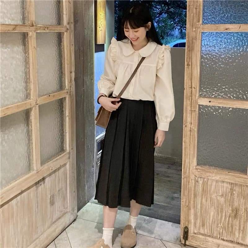 Áo sơ mi nữ babydoll cổ sen dài tay màu trắng be đẹp, Sơ mi kiểu nữ bánh bèo tiểu thư Hàn Quốc