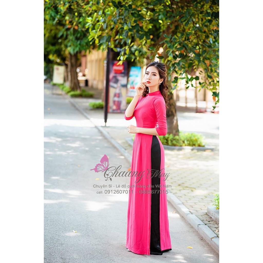 Áo dài truyền thống hồng sen đỏ Chaang May sẵn lụa Mỹ co giãn 4 chiều dự tiệc lễ tết đẹp