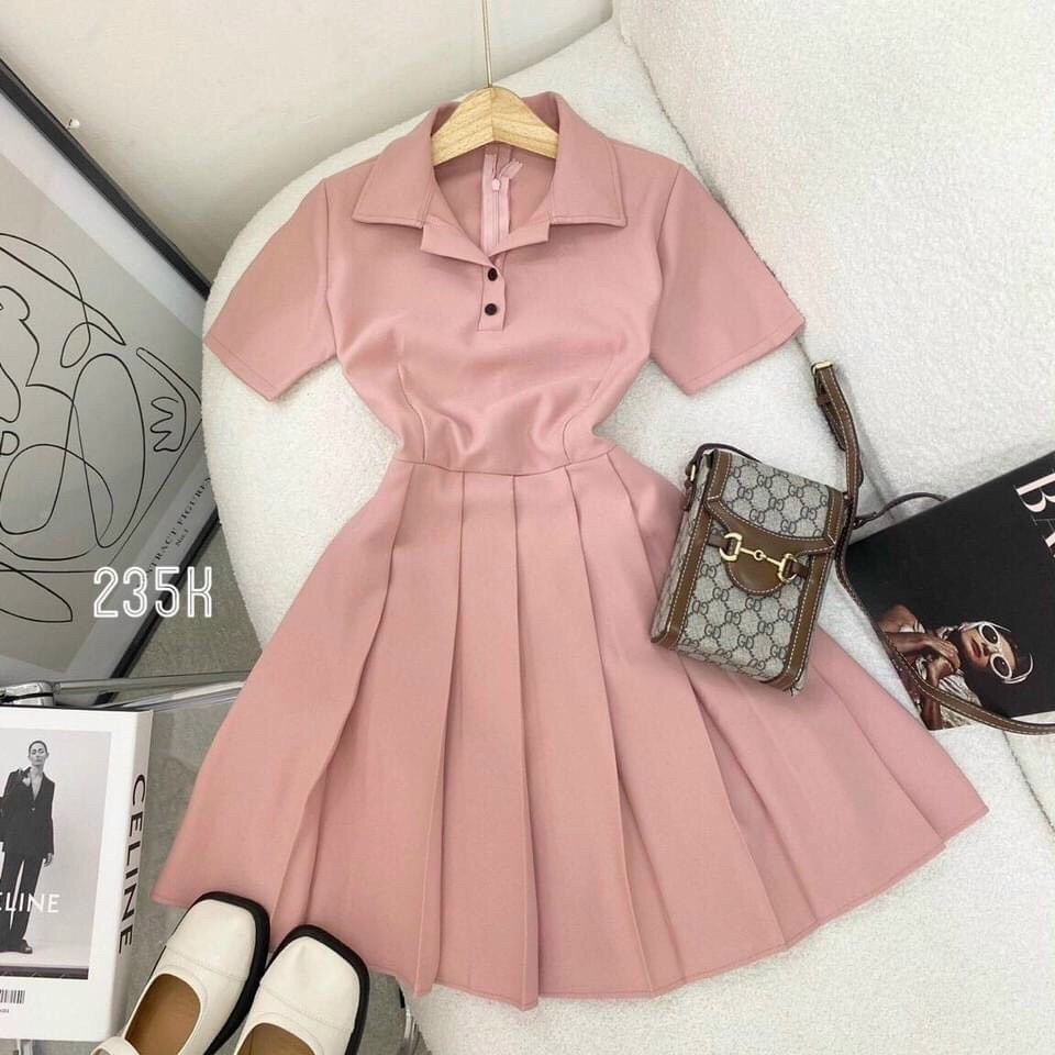 (Sale FreeShip) Đầm nữ dáng xòe đi chơi,đầm cổ trụ thiết kế xếp li cực sang,phong cách trẻ trung đơn giản lên from chuân