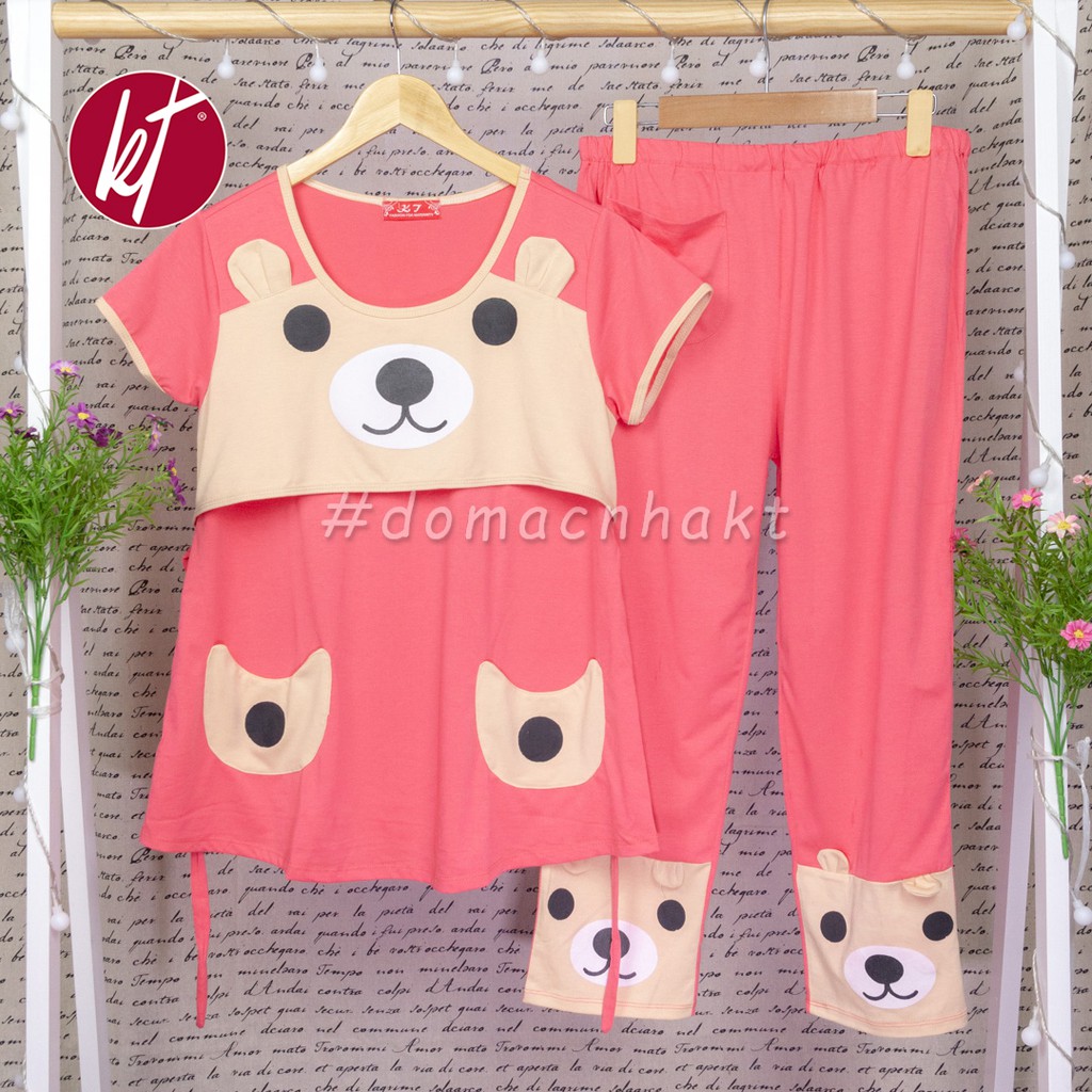 Đồ bộ bầu sau sinh cho mẹ cho con bú thun dài mẫu gấu bự freesize dưới 75kg Đồ Bầu KT BSDT01