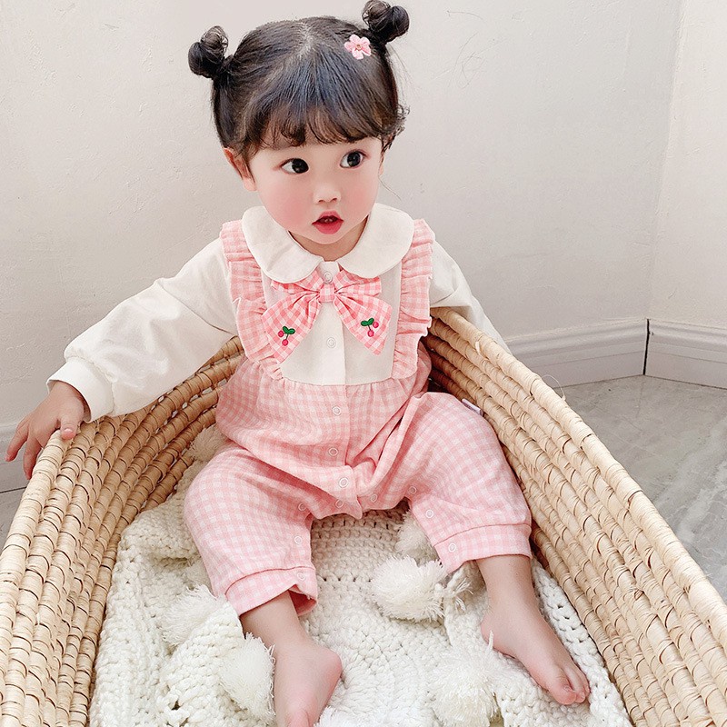 Áo Liền Quần Tay Dài Bằng Cotton Phối Ren Hoa Dành Cho Bé Gái 0897