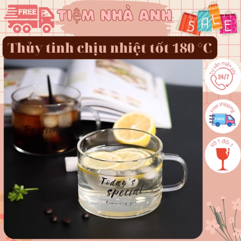 Cốc ly thủy tinh dễ thương uống nước chịu nhiệt cute có tay cầm SMILE