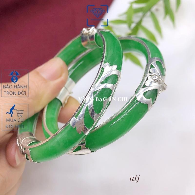 Vòng tay ngọc xanh liền khối bản đũa bọc bạc, Anchi jewelry