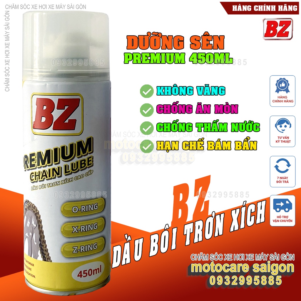 Dưỡng sên BZ Premium Chain Lube 450ml - Bôi trơn sên bz Premium , xịt dưỡng sên bz mẫu mới nhất bản cao cấp