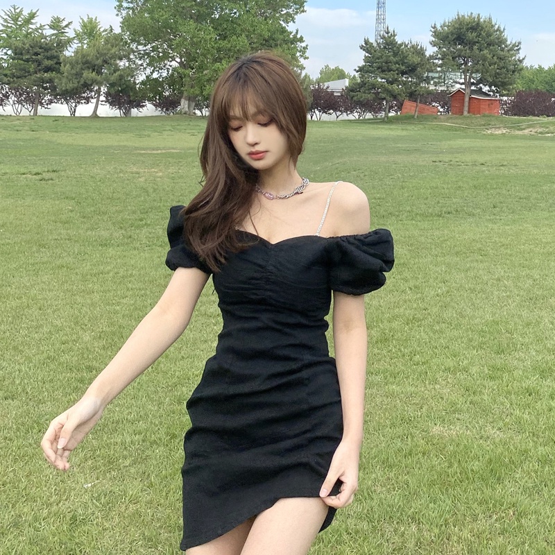 Đầm Body sexy trễ vai Váy đen ngắn lưng cao Kiểu Pháp Thời trang