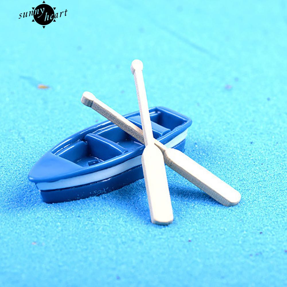 Set mô hình con thuyền mini + 2 mái chèo trang trí vườn dễ thương