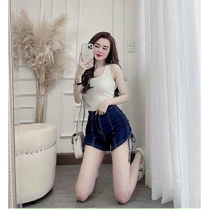 Quần shorts jean trơn kiểu rút dây 2 bên cực hot , chất jean co giãn mềm mịn