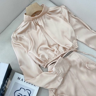 Set croptop lụa cổ cao nhún tay dài bo eo + Chân váy lụa