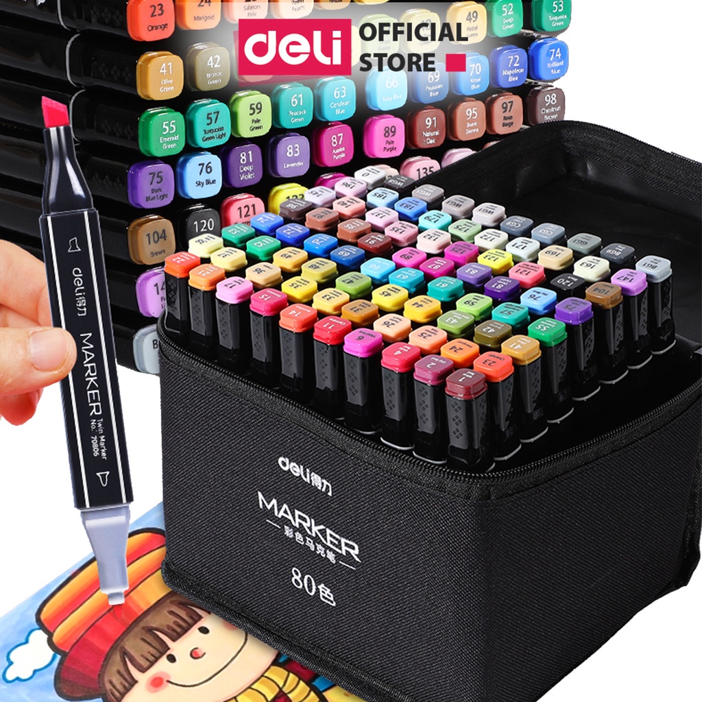 Bút màu dạ marker chuyên nghiệp Deli kèm túi vải họa cụ vẽ tranh cao cấp 30 / 40 / 60 / 80 màu - E70806