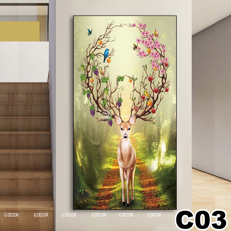 Tranh treo tường canvas 1 bức phong cách hiện đại Bắc Âu 01, tranh hươu tài lộc trang trí phòng khách, phòng ngủ, spa