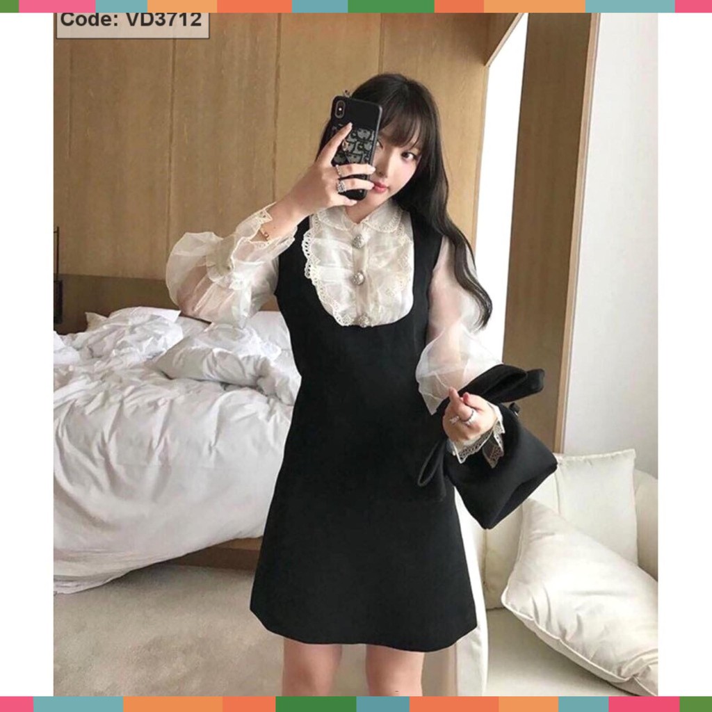 Hot ( ĐỒ NỮ ĐẸP ) ĐẦM ĐEN YẾM PHỐI LƯỚI KIẾM CỔ SƠ MI