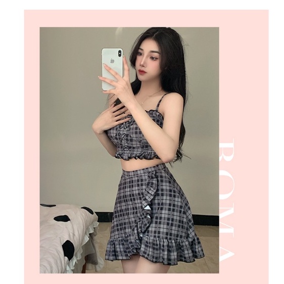 Mẫu mới 2023 Bikini Hàn Quốc áo nhún váy caro viền bèo Lolita dễ thương có quần váy kín đáo, đồ bơi xịn