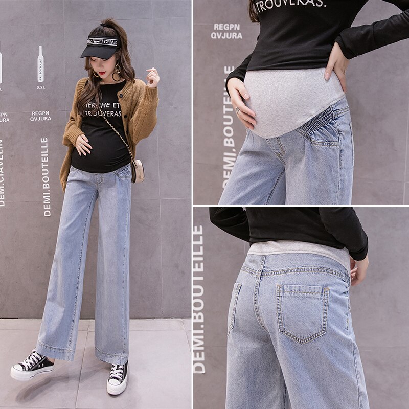 876# Quần Jeans dài ống rộng lưng thun co giãn thoải mái cho phụ nữ mang thai