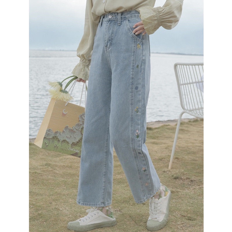 Quần jeans ống rộng thêu hoa phong cách cho nữ