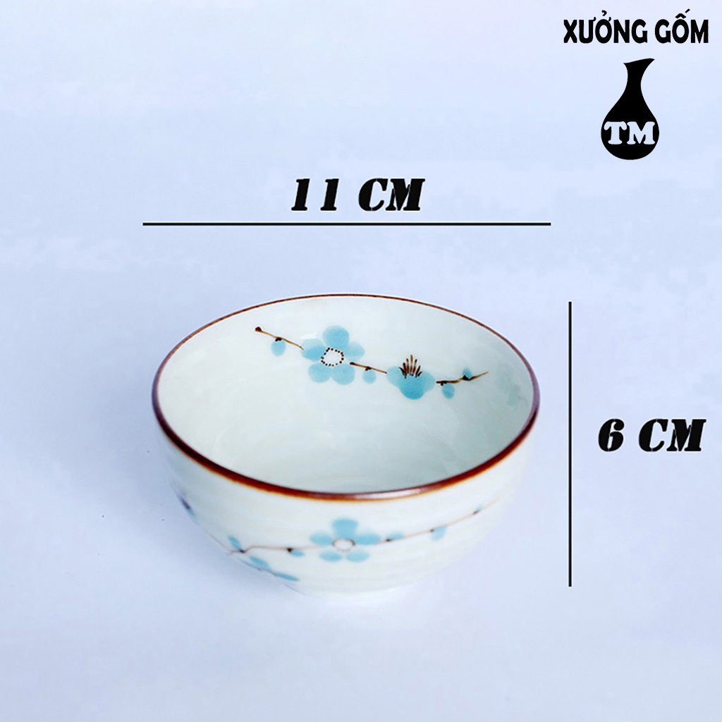 Bộ 06 Bát Chén Ăn Cơm Men Kem Hoa Đào Xanh Vẽ Tay Xưởng Gốm TM Bát Tràng