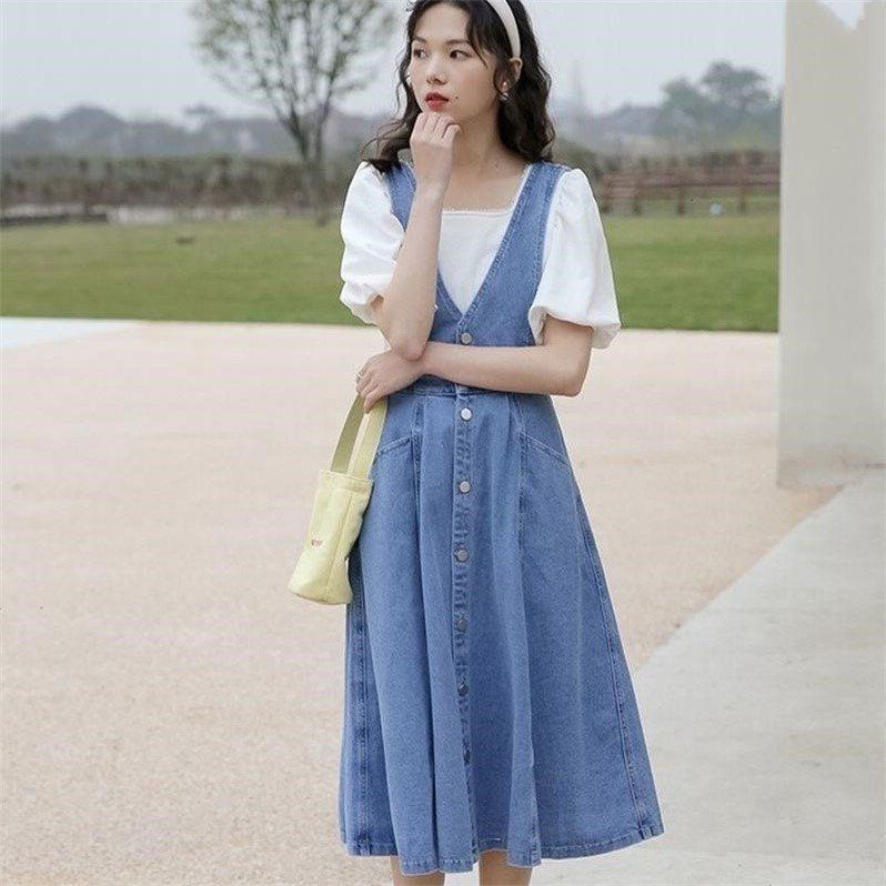 Đầm Yếm Denim Dài Dáng Chữ a Phong Cách Hàn Quốc Mới Cho Nữ