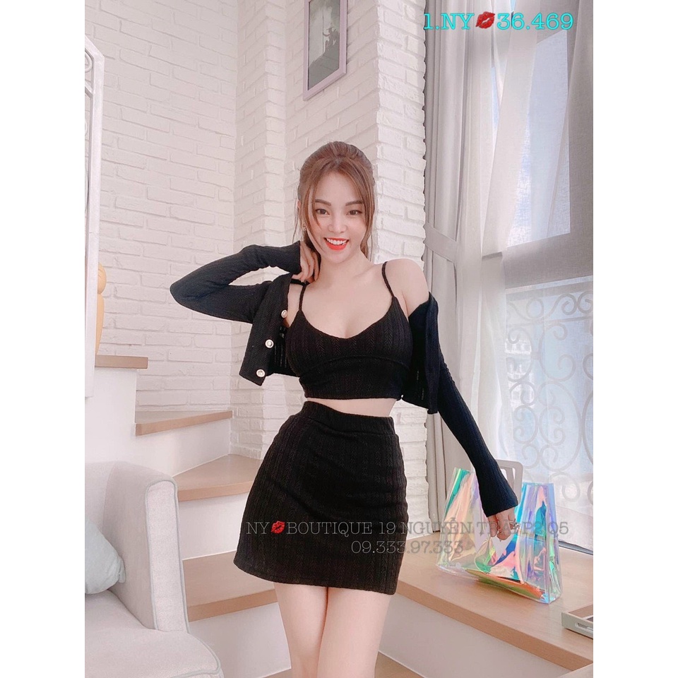 Sét 3 món áo 2 dây croptop bản eo phối chân váy body ngắn kèm áo khoác cài nút cực hot  , chất thun gân dày dặn mk