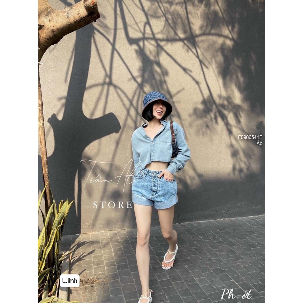 Áo sơ mi jean form croptop tay dài siêu thời trang chất bò dày dặn phong cách ulzzang hàn quôc, XUONGMAYSIGIARE