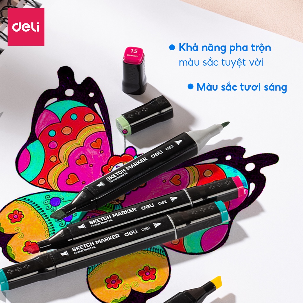Bút màu dạ marker chuyên nghiệp chính hãng Deli kèm túi vải khay đựng họa cụ vẽ tranh cao cấp 30 / 40 / 60 / 80 màu