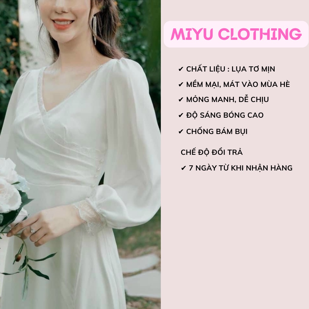 Váy cưới cô dâu đi bàn đơn giản đẹp đầm nữ dự tiệc trắng dài phối ren maxi tay dài chất liệu lụa Pháp MIYU CLOTHING