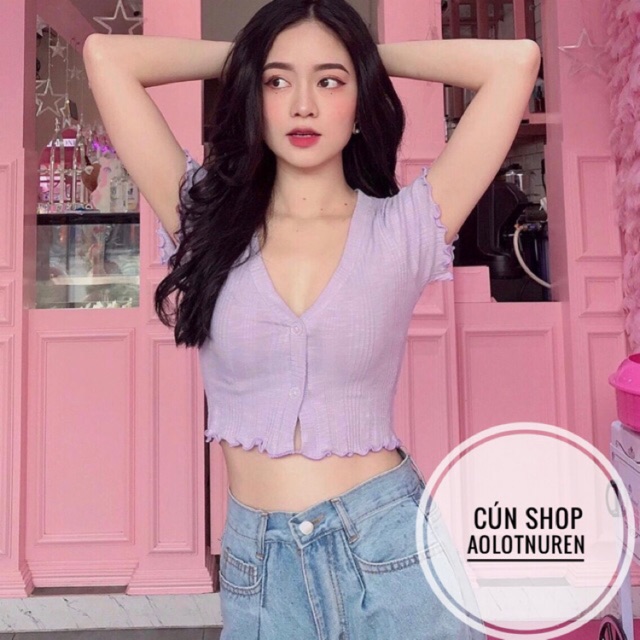 Áo croptop cổ tim cuốn biên 4 màu cúc may cố định RICH STORE CRT17