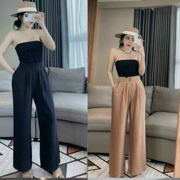Quần ống rông chất đũi lụa mặc mát cạp cao kháo trước 2 khuy có nhiều màu. quần ống xuông nữ
