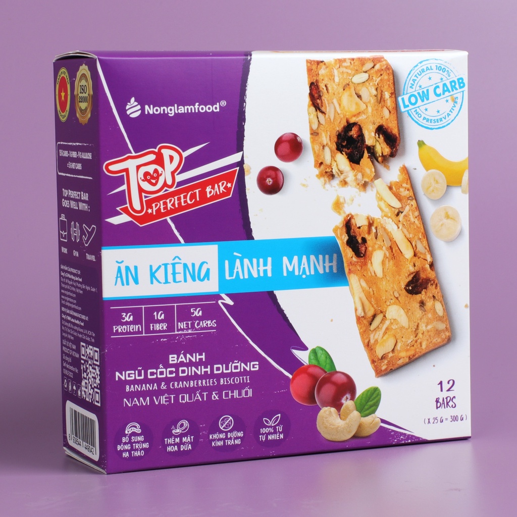 Bánh Biscotti ngũ cốc Top Perfect Bar Nonglamfood Vị Nam Việt Quất &amp; Chuối hộp 12 thanh | Ăn Kiêng Không Béo |Dinh dưỡng