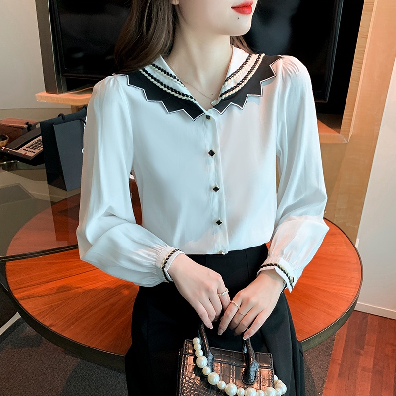 Áo Sơ Mi Tay Dài Cổ Thủy Thủ Màu Trắng Đen Thời Trang Xuân Thu Phong Cách Hàn Quốc Cho Nữ