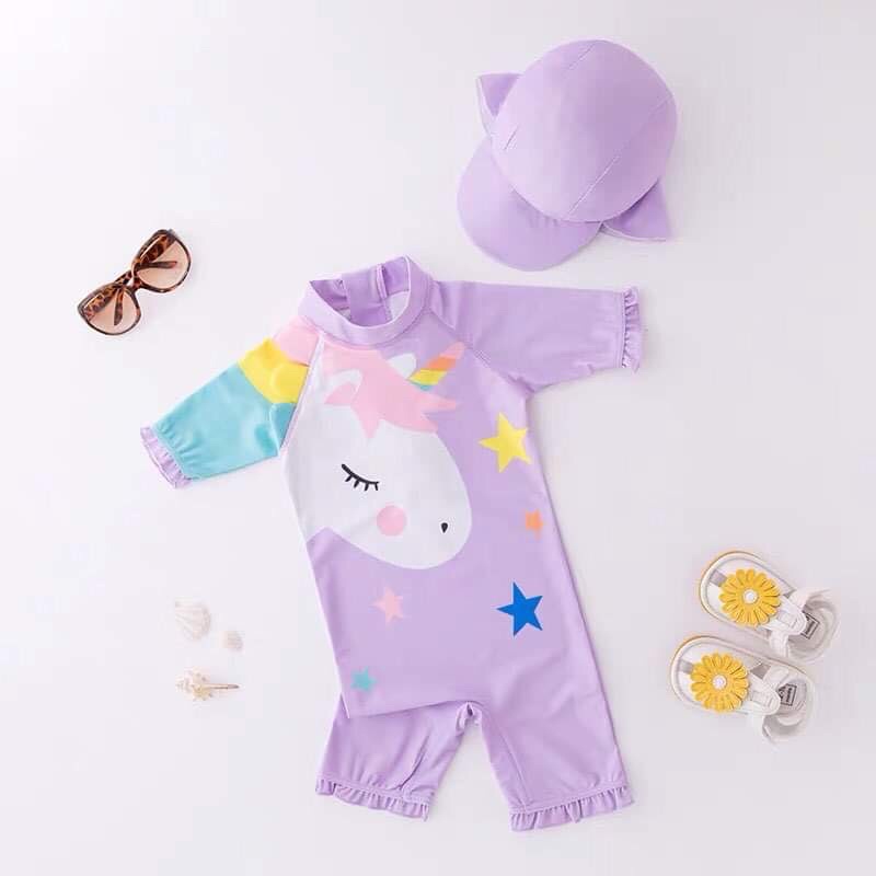 (có sẵn, kèm mũ) Set đồ bơi bé gái kèm mũ hình ngựa pony ngôi sao