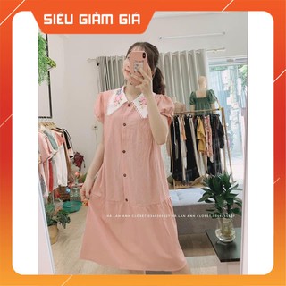 Đầm bầu cao cấp💕Váy đũi xước cổ thêu chất mát, siêu mịn, siêu mềm, không nhăn🌸free size 43~70kg💕 3 màu Hồng, xanh, vàng