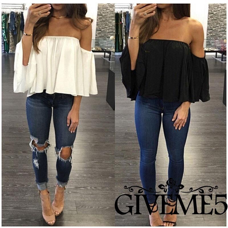 Áo thun trễ vai màu trơn quyến rũ cho nữ