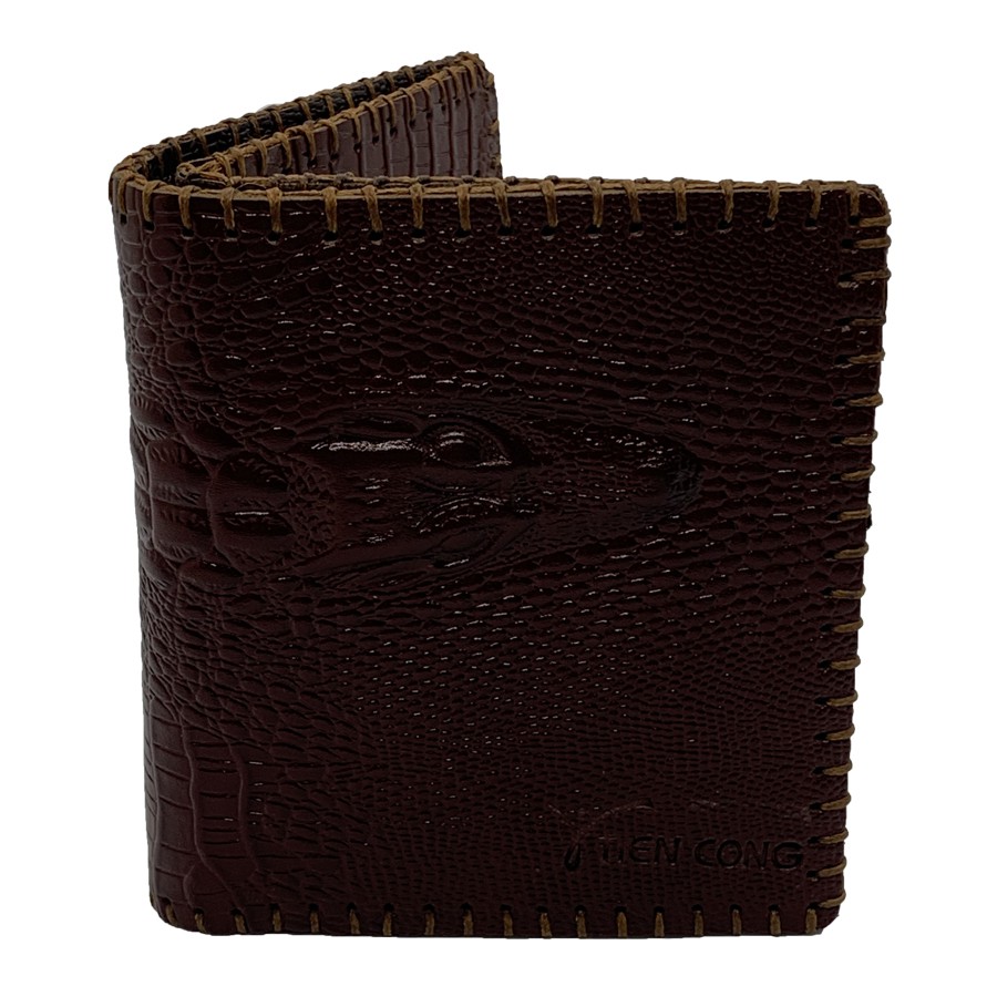 Ví Nam Đứng Da Bò Dập Vân Cá Sấu May Viền Tiến Công Màu Nâu - TCN1038