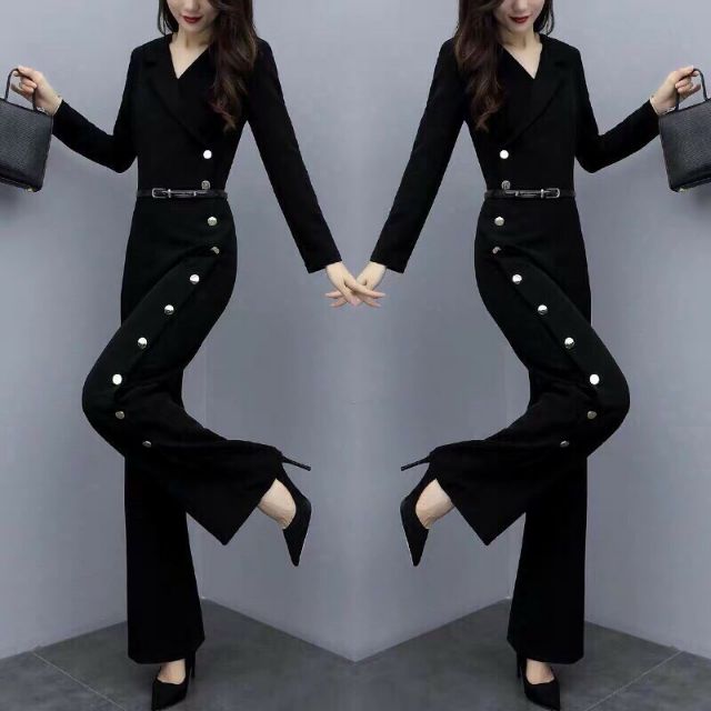 Hàng nhập - Jumpsuit dài cổ vest thanh lịch, bộ jum đồ bay ống suông đính nút