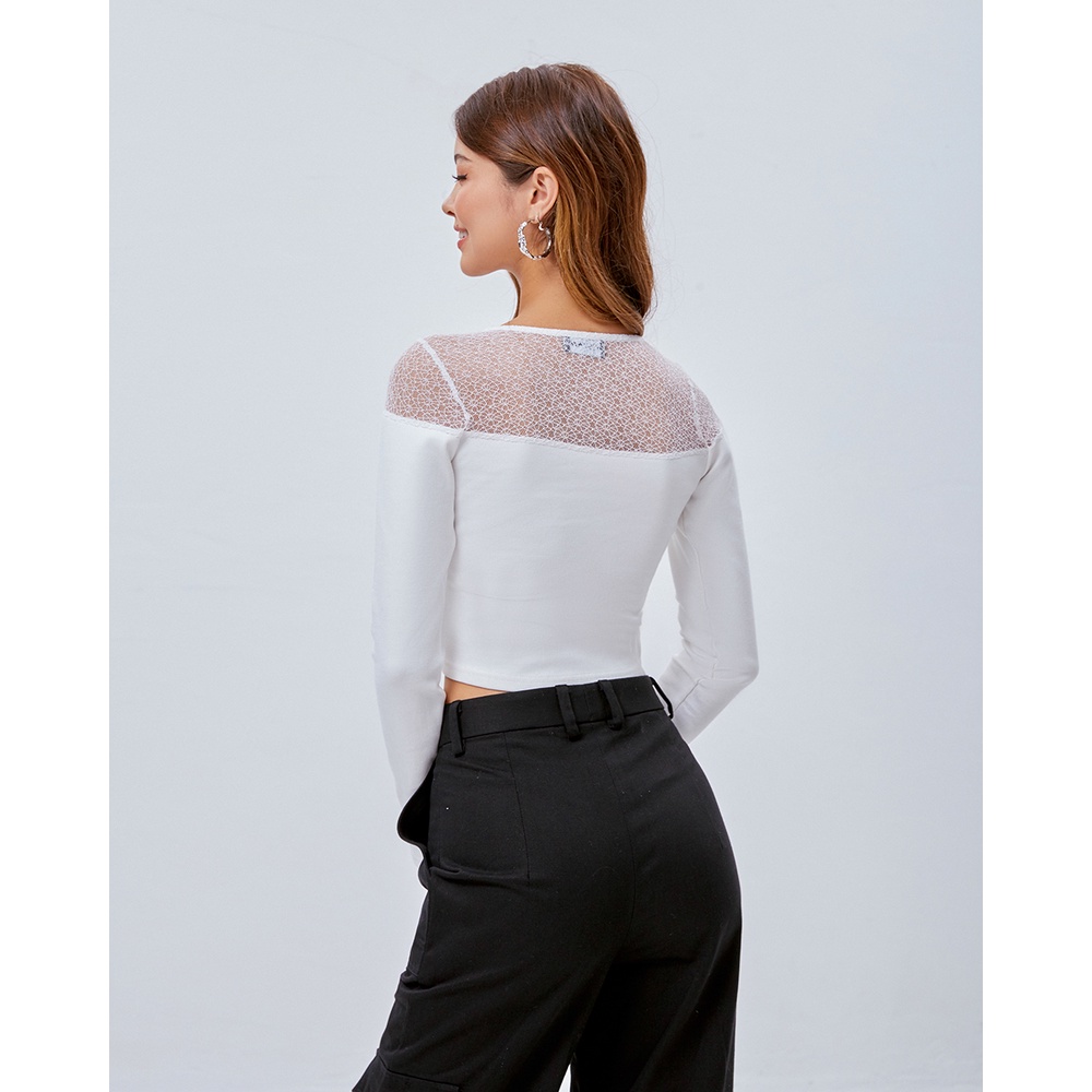 [Mã BMLT35 giảm đến 35K đơn 99K] Áo thun croptop Shebyshj tay dài phối ren cổ màu trắng - White Allie Top