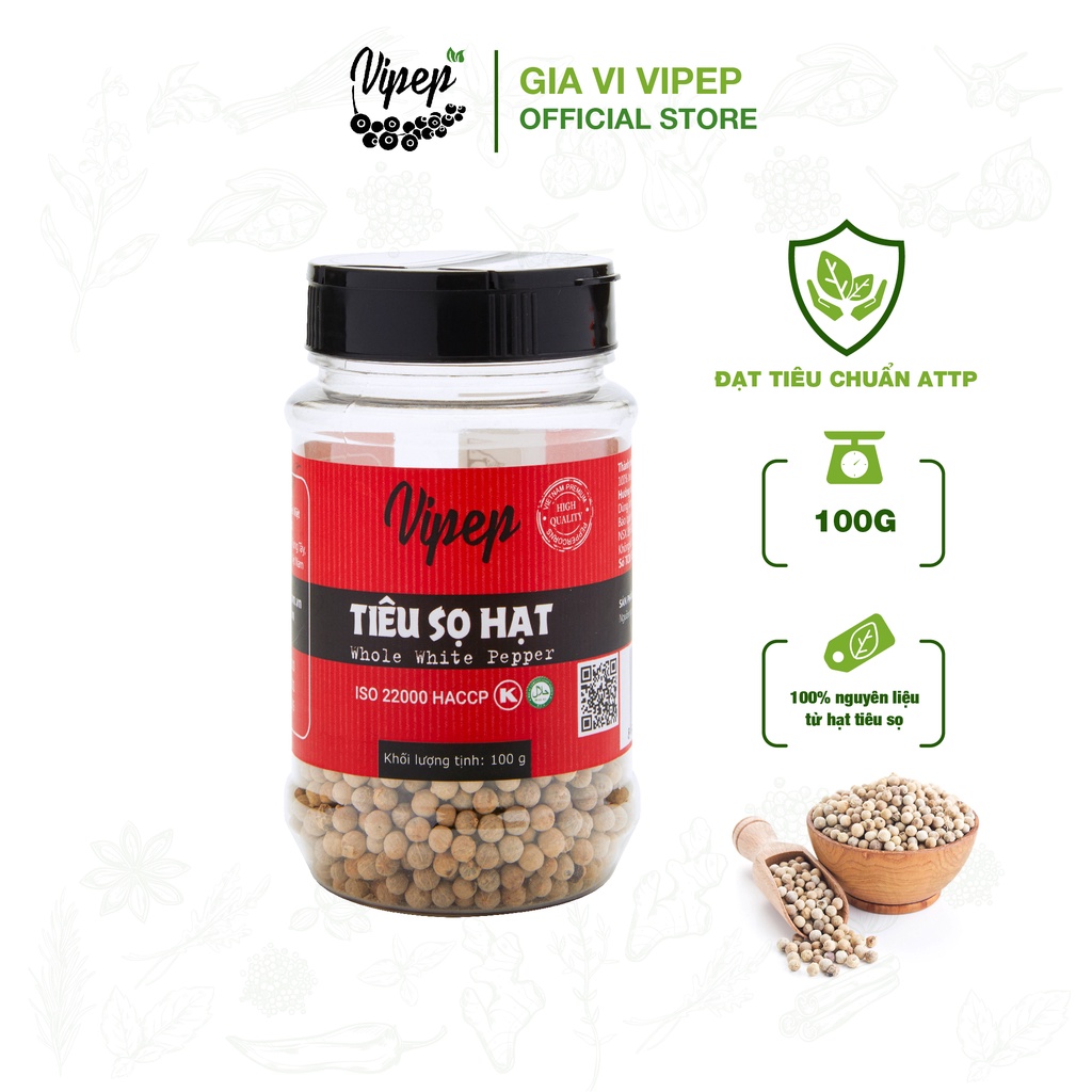 Hạt tiêu sọ Vipep nguyên chất 100%, gia vị nêm ướp thực phẩm kích thích vị giác 100g