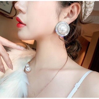 Khuyên Tai Tròn Ngọc Đính Đá Xung Quanh Bạc 925 Cao cấp