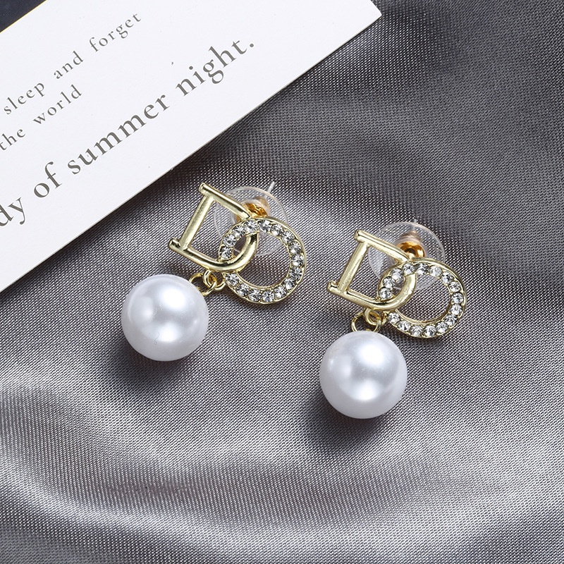 Bông Tai Chữ Đính Đá Ngọc Trai Phong Cách Hàn Quốc Xinh Xắn Cho Nữ