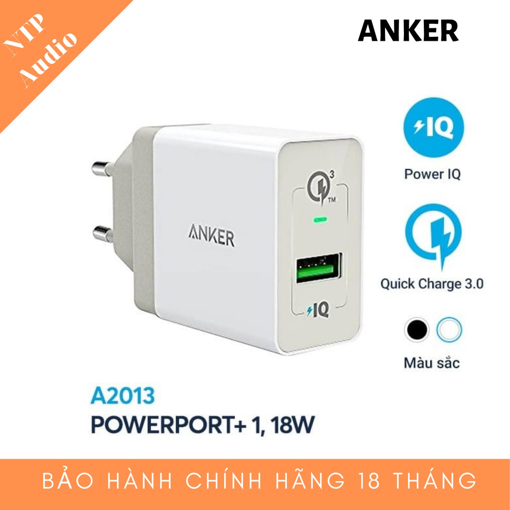 Sạc ANKER PowerPort+ 1 18w Quick Charge 3.0 PowerIQ chân tròn - A2013 - Hãng phân phối chính thức