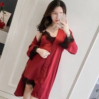 Áo choàng ngủ kèm váy lụa dây viền ren đen size M-XL tới 62kg SN255101