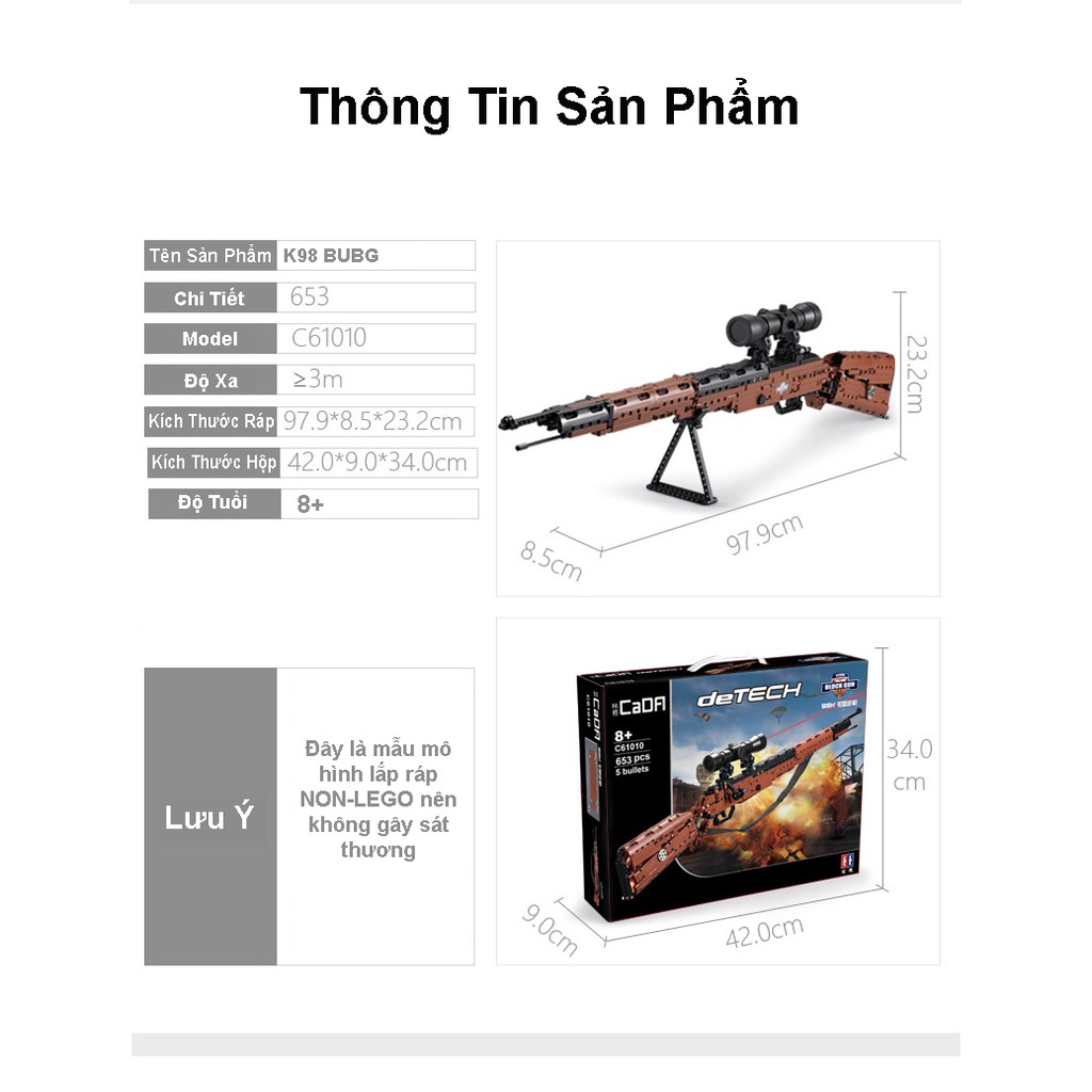 Đồ Chơi Lắp Ráp Kiểu Lego CaDA C61010 Mô Hình K98 PUBG 653 Mảnh Ghép